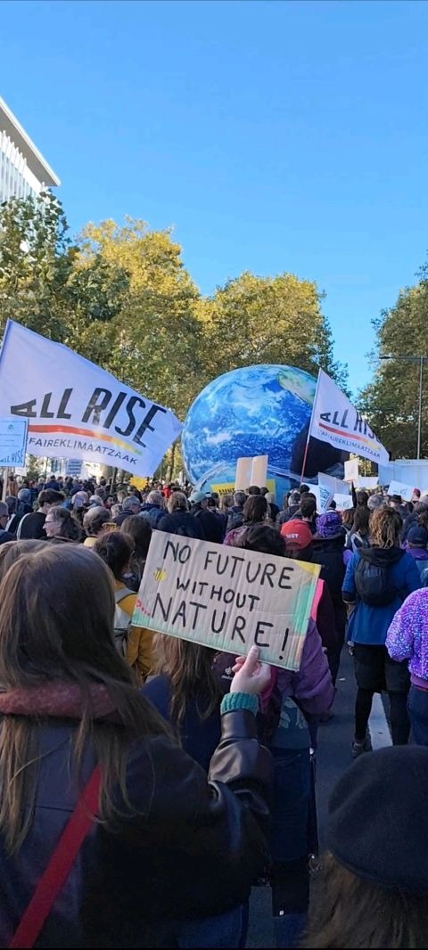 Globe terrestre geant et banderole All Rise lors de la marche pour le climat dans les rues de Bruxelles